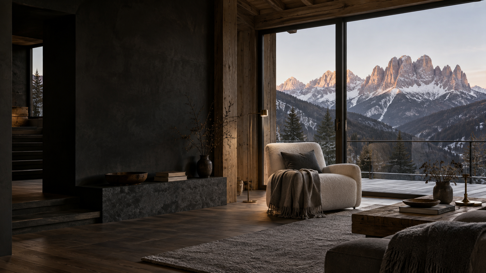 Interno alpino contemporaneo con vista sulle Dolomiti